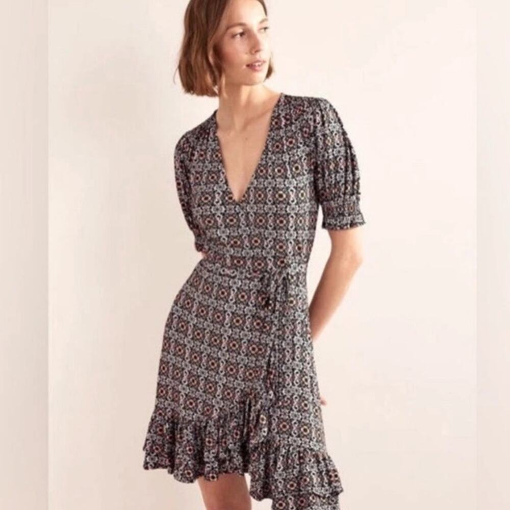 Boden Women’s 12 Ruffle Wrap Jersey Mini Dress Floral Sundress Comfy Stretchy
